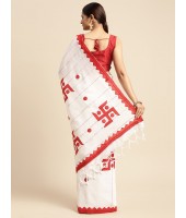 Khesh Pure Cotton Handloom Saree Swastik Designed With Blouse Piece (White Red)