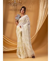 Traditional Tamarind Leaf Resham Dhakai Jamdani Pure Cotton Handloom Saree without Blouse Piece( Off White)