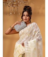 Traditional Tamarind Leaf Resham Dhakai Jamdani Pure Cotton Handloom Saree without Blouse Piece( Off White)