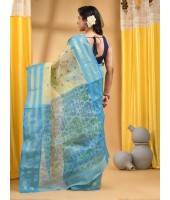 Bengal Tant Jamdani Printed Handloom Cotton Saree Without Blouse Piece (Blue)