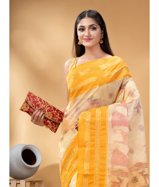 dB DESH BIDESH Women's Shakuntala Design Printed Tant Handloom Pure Cotton Saree Without Blouse Piece