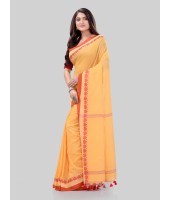 DESH BIDESH Women`s Traditional Bengali Tant Handloom Cotton Saree Royel Loveria Design With Blouse Piece(Yellow)