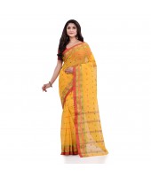 Women`s Traditional Pure Cotton Handloom Saree Chotushkone Woven Designer Without Blouse Piece (Yellow)