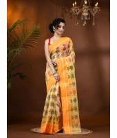  Tree Print Design Pure Handloom Cotton Saree Without Blouse Piece (Yellow)