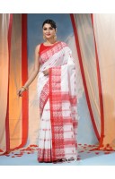 Traditional Bengal Handloom Cotton Saree Tri Phool Design With Blouse Piece(White red)