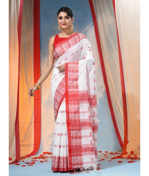 Traditional Bengal Handloom Cotton Saree Tri Phool Design With Blouse Piece(White red)