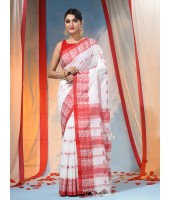 Traditional Bengal Handloom Cotton Saree Tri Phool Design With Blouse Piece(White red)