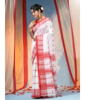 Traditional Bengal Handloom Cotton Saree Tri Phool Design With Blouse Piece(White red)