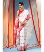 Traditional Bengal Handloom Cotton Saree Tri Phool Design With Blouse Piece(White red)