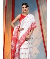 Traditional Bengal Handloom Cotton Saree Tri Phool Design With Blouse Piece(White red)