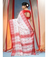 Traditional Bengal Handloom Cotton Saree Tri Phool Design With Blouse Piece(White red)