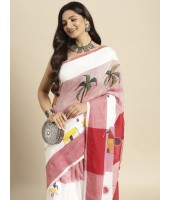 Handloom Pure Cotton Saree with Tribal Hand-Made Art Design (Red-White) - Durga Puja Collection