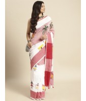 Handloom Pure Cotton Saree with Tribal Hand-Made Art Design (Red-White) - Durga Puja Collection