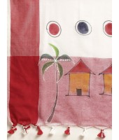 Handloom Pure Cotton Saree with Tribal Hand-Made Art Design (Red-White) - Durga Puja Collection