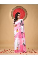 Handloom Pure Cotton Saree Tribal Hand Made Art Design With Blouse Piece (Pink White)