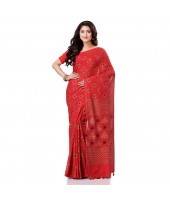 Bengal Tant Kolka Print Design Pure Handloom Cotton Saree Without Blouse Piece (Red Yellow)