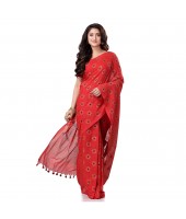 Bengal Tant Kolka Print Design Pure Handloom Cotton Saree Without Blouse Piece (Red Yellow)