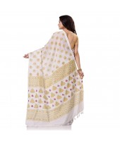 Bengal Tant Abhrak Work Design Soft Pure Handloom Cotton Saree With Blouse Piece White 