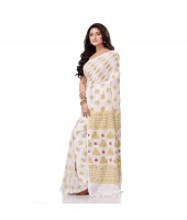 Bengal Tant Abhrak Work Design Soft Pure Handloom Cotton Saree With Blouse Piece White 