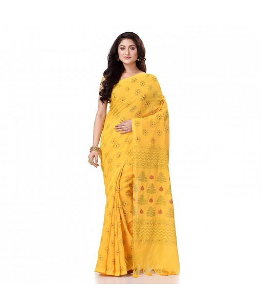 Bengal Tant Abhrak Work Design Soft Pure Handloom Cotton Saree With Blouse Piece Yellow