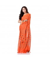 Bengal Tant Abhrak Work Design Soft Pure Handloom Cotton Saree With Blouse Piece Orange