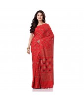 Bengal Tant Kolka Print Design Pure Handloom Cotton Saree Without Blouse Piece (Red Yellow)