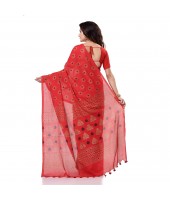 Bengal Tant Kolka Print Design Pure Handloom Cotton Saree Without Blouse Piece (Red Yellow)