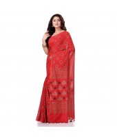 Bengal Tant Kolka Print Design Pure Handloom Cotton Saree Without Blouse Piece (Red Yellow)