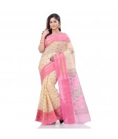 Bengal Tant Jamdani Printed Handloom Cotton Saree Without Blouse Piece (Pink)
