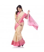 Bengal Tant Jamdani Printed Handloom Cotton Saree Without Blouse Piece (Pink)