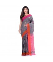 dB DESH BIDESH Women`s Pure Cotton Traditional Bengali Tant Handloom Cotton Saree Round Desigined With Blouse Piece (Grey Pink)