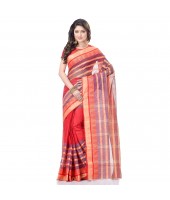 Traditional Bengal Tant 3D Temple Design Handloom Pure Cotton Saree Without Blouse Piece (Red)