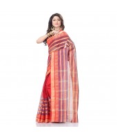Traditional Bengal Tant 3D Temple Design Handloom Pure Cotton Saree Without Blouse Piece (Red)