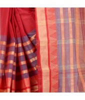 Traditional Bengal Tant 3D Temple Design Handloom Pure Cotton Saree Without Blouse Piece (Red)