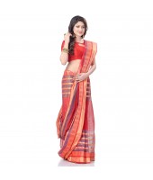 Traditional Bengal Tant 3D Temple Design Handloom Pure Cotton Saree Without Blouse Piece (Red)