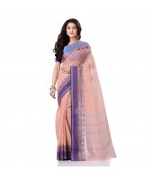 Traditional Bengal Tant Pure Handloom Cotton Saree Jol Torongo Woven Design Without Blouse Piece Flamingo Blue