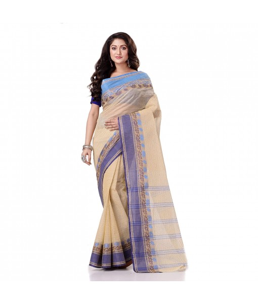 Traditional Bengal Tant Pure Handloom Cotton Saree Jol Torongo Woven Design Without Blouse Piece Offwhite Blue
