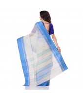 dB DESH BIDESH Women`s Traditional Bengal Tant Pure Handloom Cotton Saree Kantha Stitch Woven Without Blouse Piece White Blue