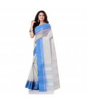 dB DESH BIDESH Women`s Traditional Bengal Tant Pure Handloom Cotton Saree Kantha Stitch Woven Without Blouse Piece White Blue