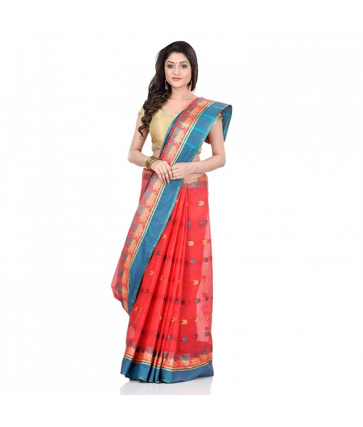 dB DESH BIDESH Women`s Traditional Bengal Tant Pure Handloom Cotton Saree Lotus Kolka Woven Design Without Blouse Piece (Light Red)
