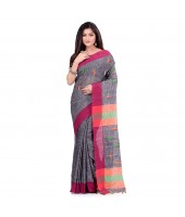 dB DESH BIDESH Women`s Traditional Bengali Tant Handloom Cotton Saree Prism Desigined With Blouse Piece (Grey)