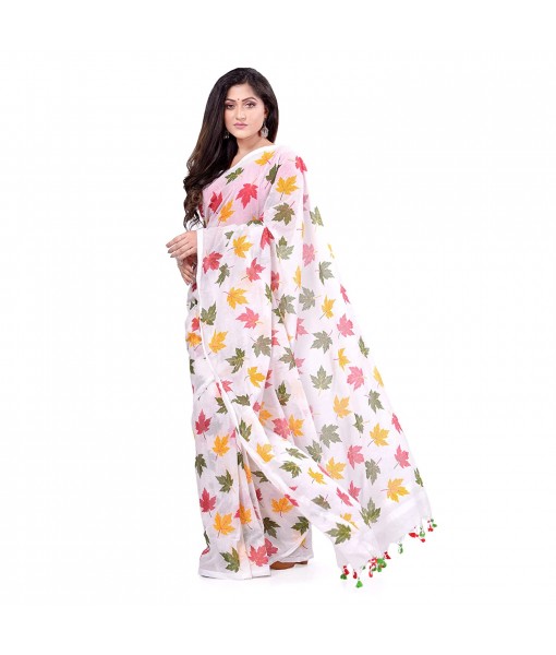 dB DESH BIDESH Women`s Traditional Soft Mulmul Maple Leaf Design Bengal Handloom Pure Cotton Saree Without Blouse Piece Red Yellow Green
