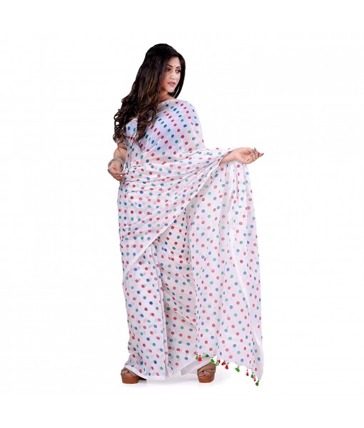 dB DESH BIDESH Women`s Traditional Soft Mulmul RainbowKisses Design Bengal Handloom Pure Cotton Saree Without Blouse Piece (Multicolor)