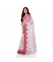 DESH BIDESH Women`s Traditional Tant Pure Handloom Cotton Saree Woven Tri Flower Designer Without Blouse Piece (Red White)