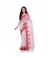 DESH BIDESH Women`s Traditional Tant Pure Handloom Cotton Saree Woven Tri Flower Designer Without Blouse Piece (Red White)