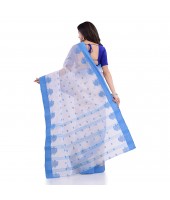 DESH BIDESH Women`s Traditional Tant Pure Handloom Cotton Saree Woven Tri Flower Designer Without Blouse Piece (Blue White)