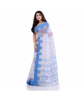DESH BIDESH Women`s Traditional Tant Pure Handloom Cotton Saree Woven Tri Flower Designer Without Blouse Piece (Blue White)