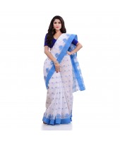 DESH BIDESH Women`s Traditional Tant Pure Handloom Cotton Saree Woven Tri Flower Designer Without Blouse Piece (Blue White)