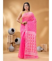 Resham Dhakai Jamdani Bengal Pure Cotton Handloom Saree Diamond Queen Design (Pink)