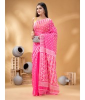 Resham Dhakai Jamdani Bengal Pure Cotton Handloom Saree Diamond Queen Design (Pink)